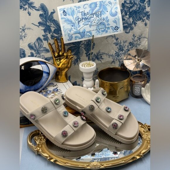 🆕 KURT GEIGER LONDON 🧿 NWOB White Orson Flower Power Slide Sandals, Sz39 US8.5 - Picture 2 of 13